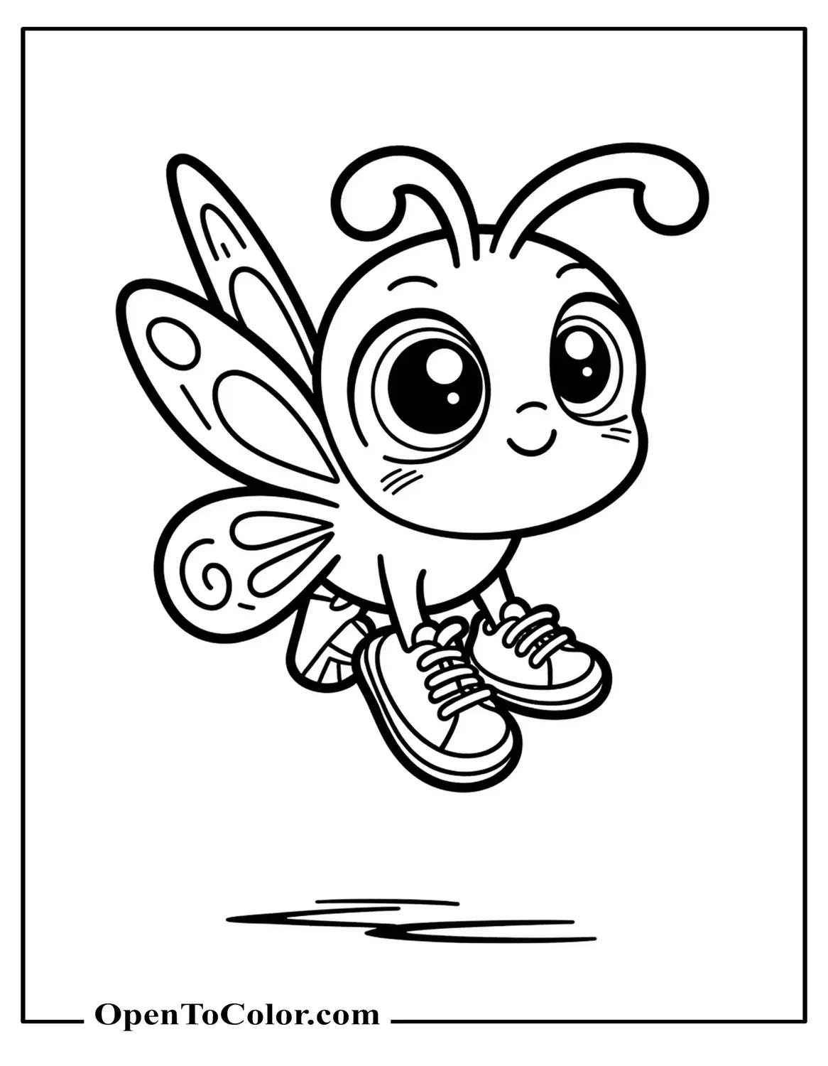 Printable coloring sheet of a cute butterfly with oversized eyes wearing tiny sneakers in flight.