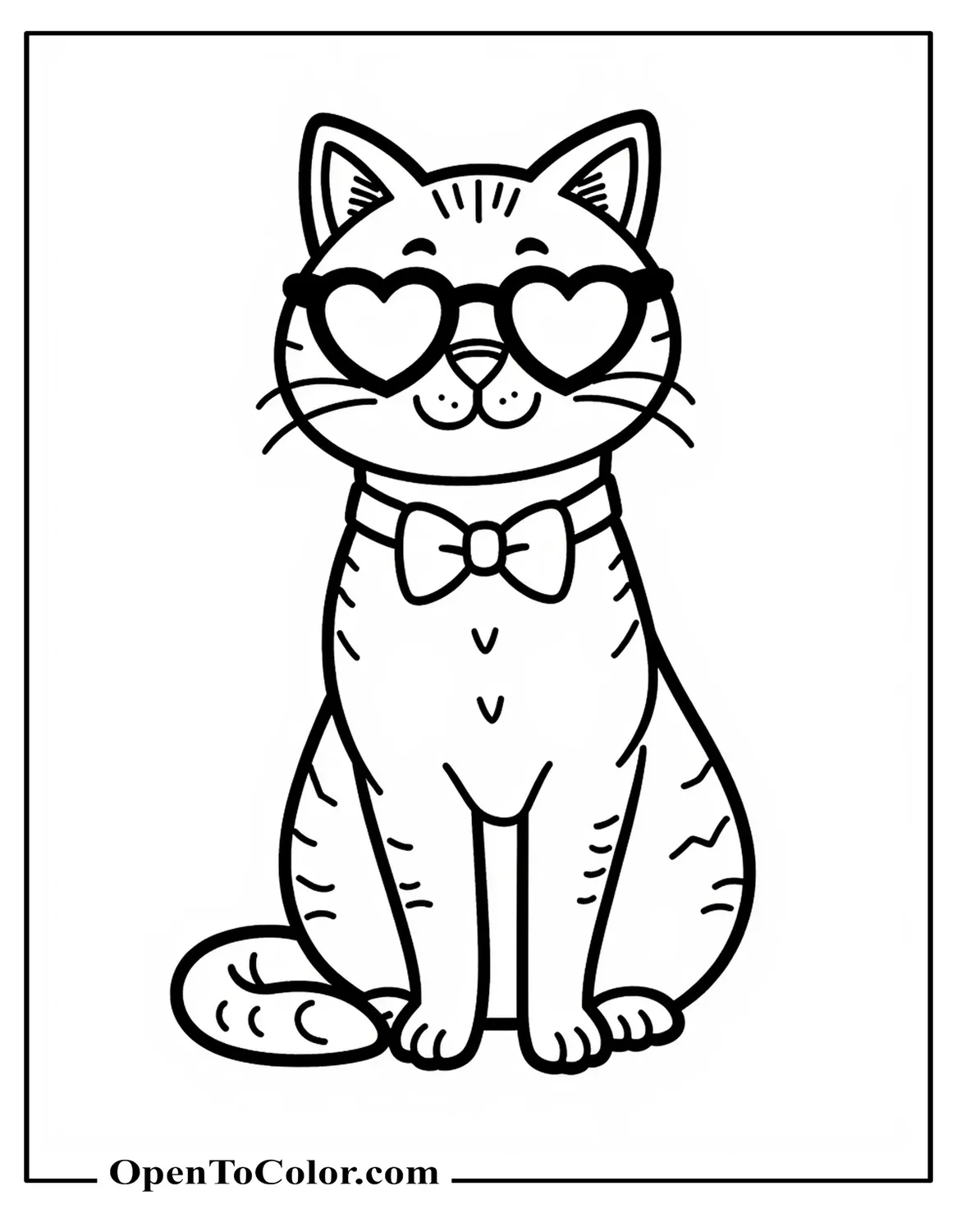 Free Coloring Page of Cute Cat with Heart-Shaped Sunglasses and Bow Tie