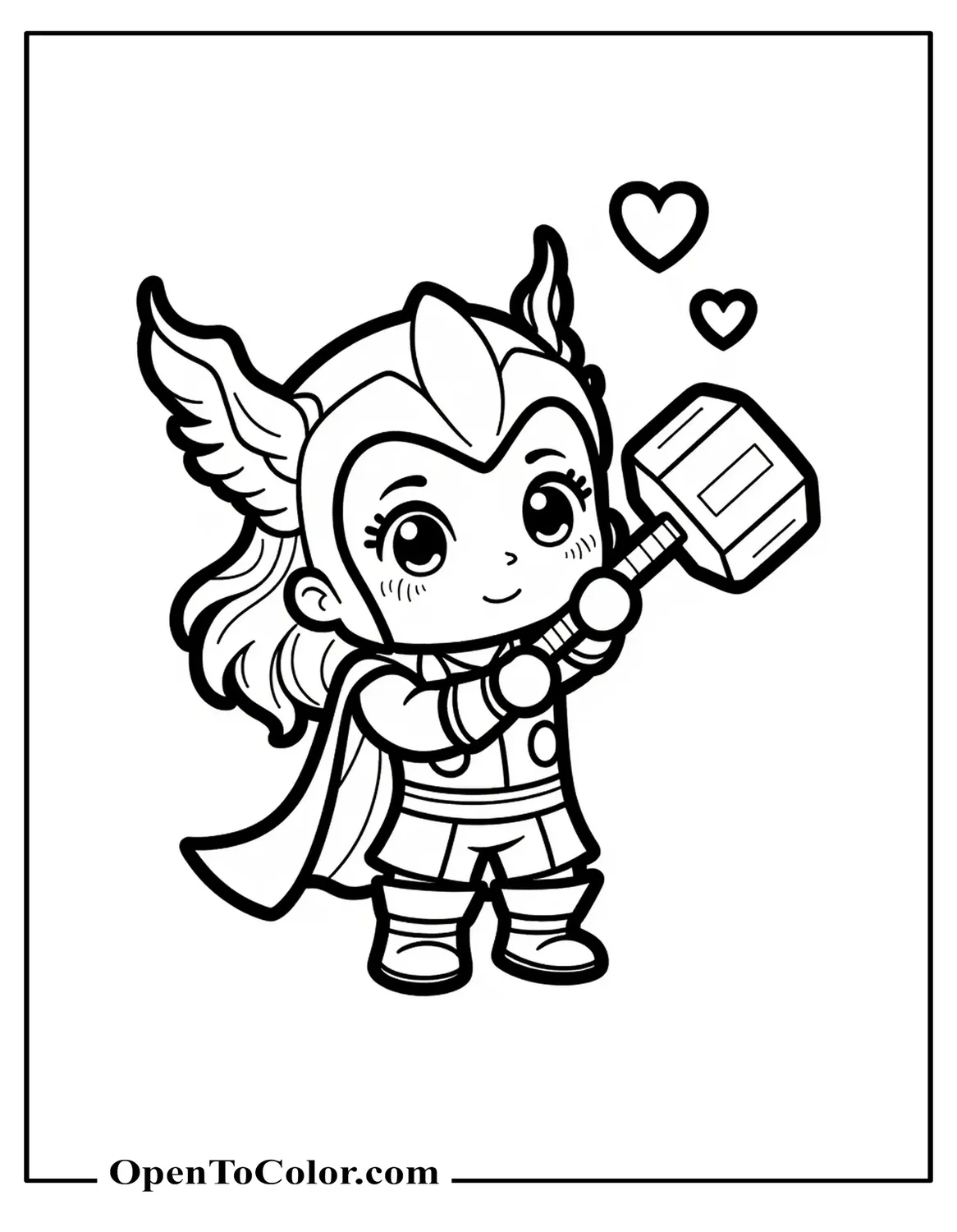 Printable coloring page of cute Chibi Marvel Avenger Thor hugging miniature hammer with floating heart bubbles.