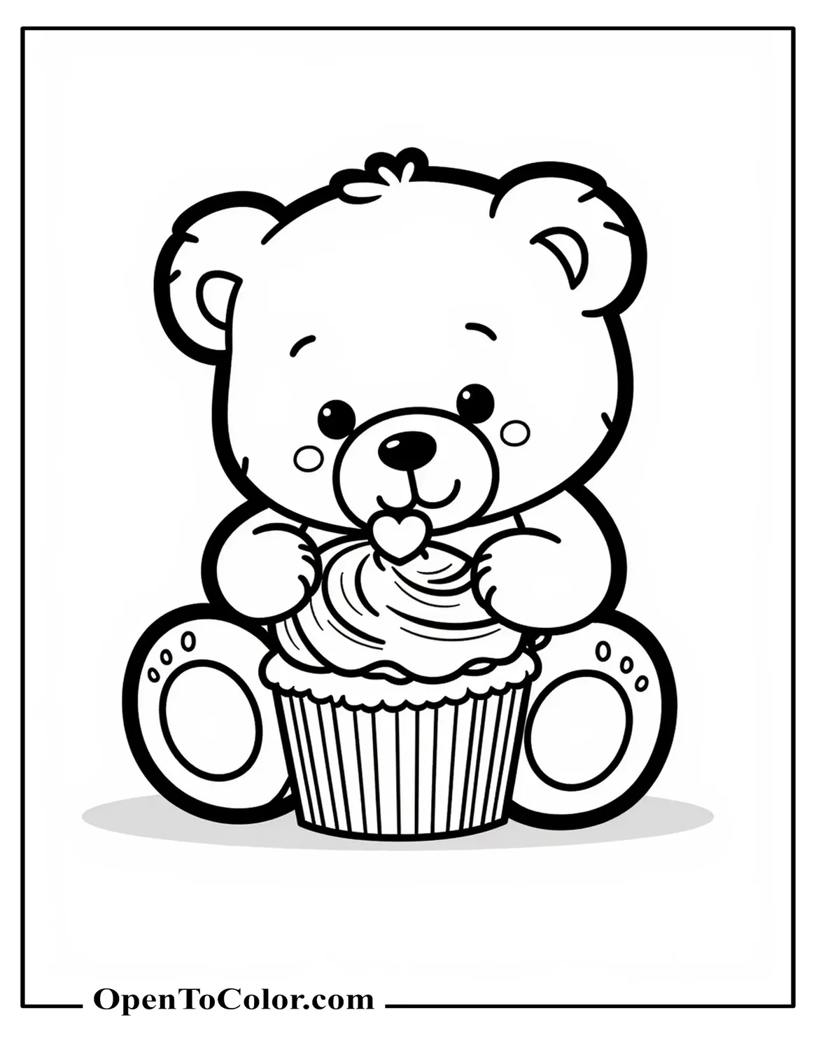 A Teddy Bear Hugging a Kawaii Cupcake, Sanrio Style Coloring Sheet PDF