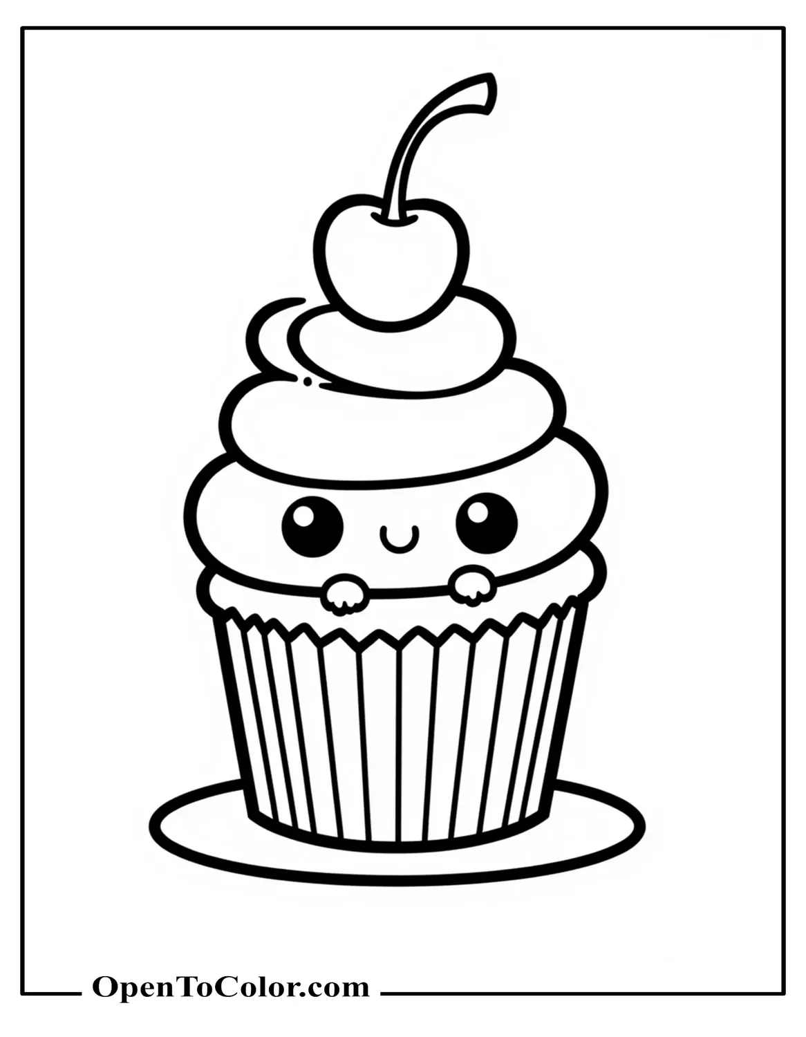 Kawaii cupcake coloring sheet balancing a cherry on its head while sitting printable.