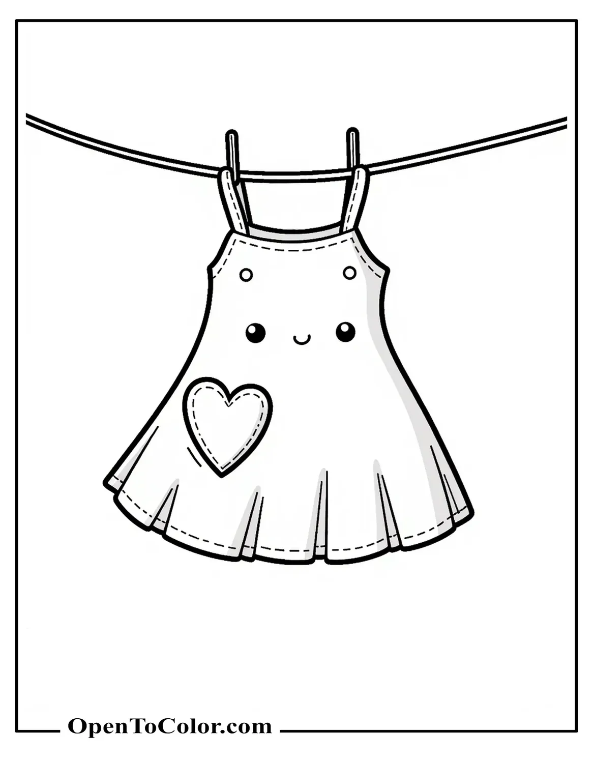 Kawaii sundress coloring sheet PDF with large heart pocket hanging on clothesline, Sanrio style, clear outlines