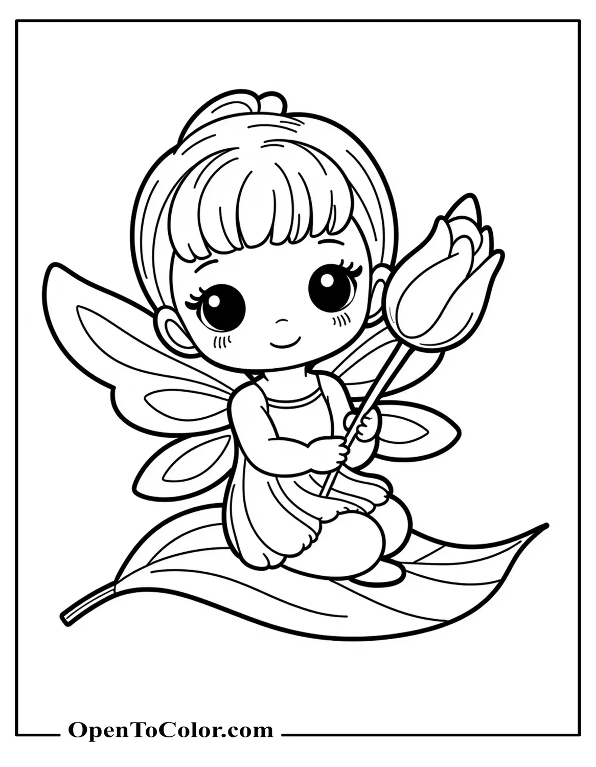 Kawaii Fairy Coloring Page Sitting On A Leaf Holding A Tulip PDF