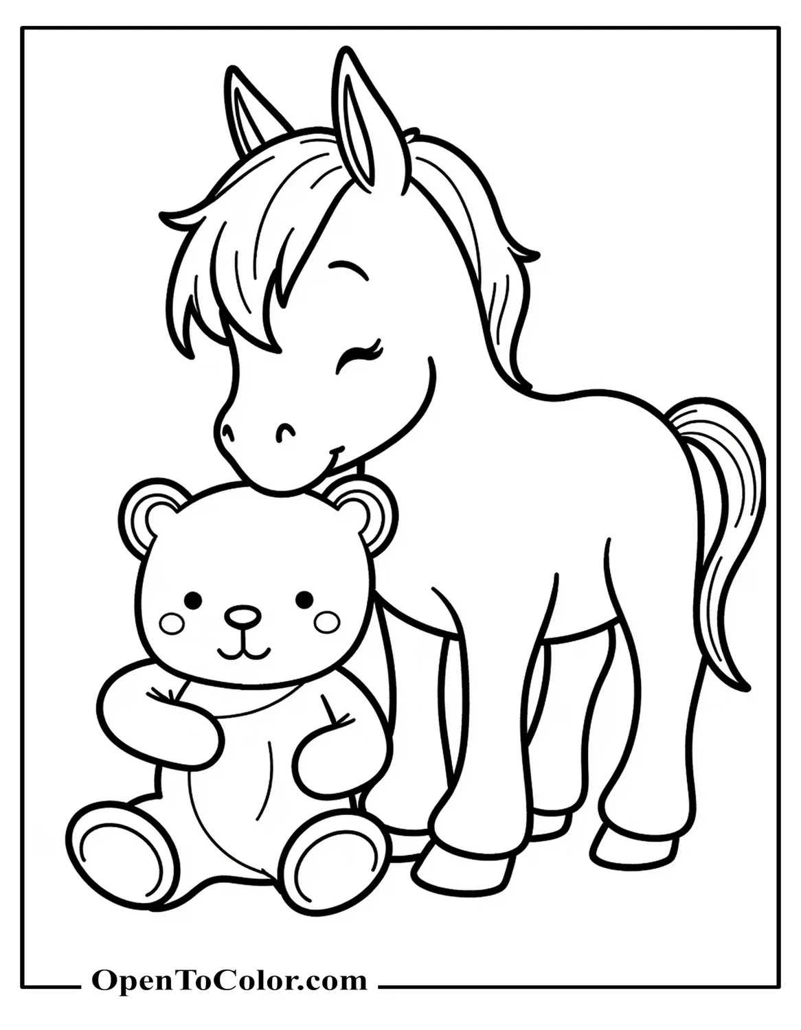 Free Coloring Page of Cute Easy Horse Snoozing, Teddy Bear Under Hoof