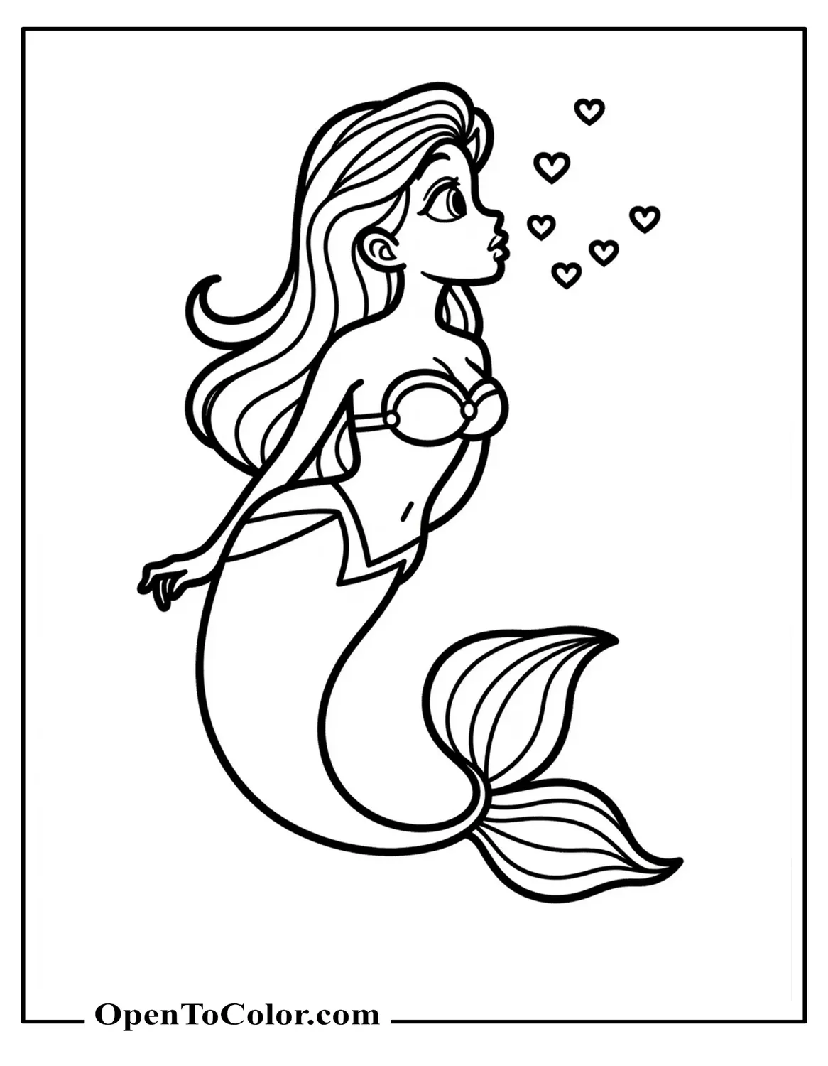 Simple Mermaid Blowing A Kiss With Heart Bubbles Coloring Sheet PDF