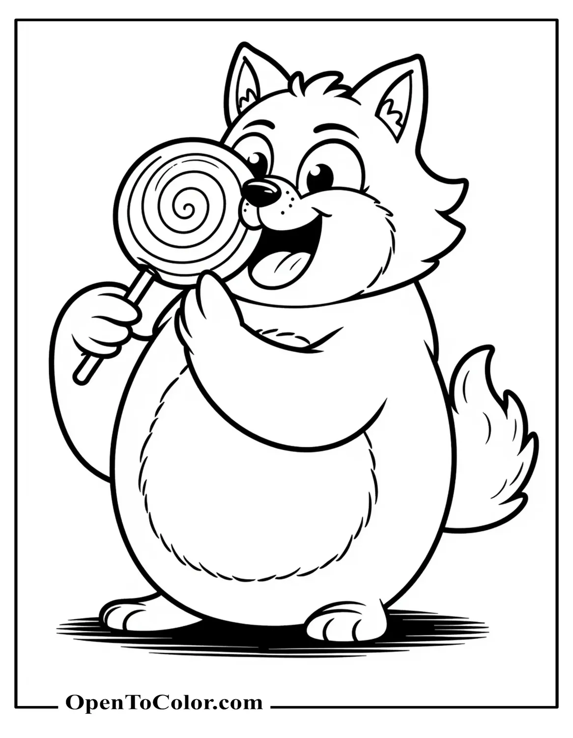 Round-bodied wolf licking giant lollipop, Funko Pop style, coloring page PDF.