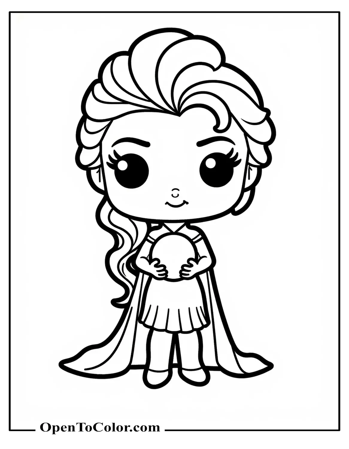 Printable coloring page of Kawaii Funko Pop style Elsa with oversized head, holding tiny snowball.
