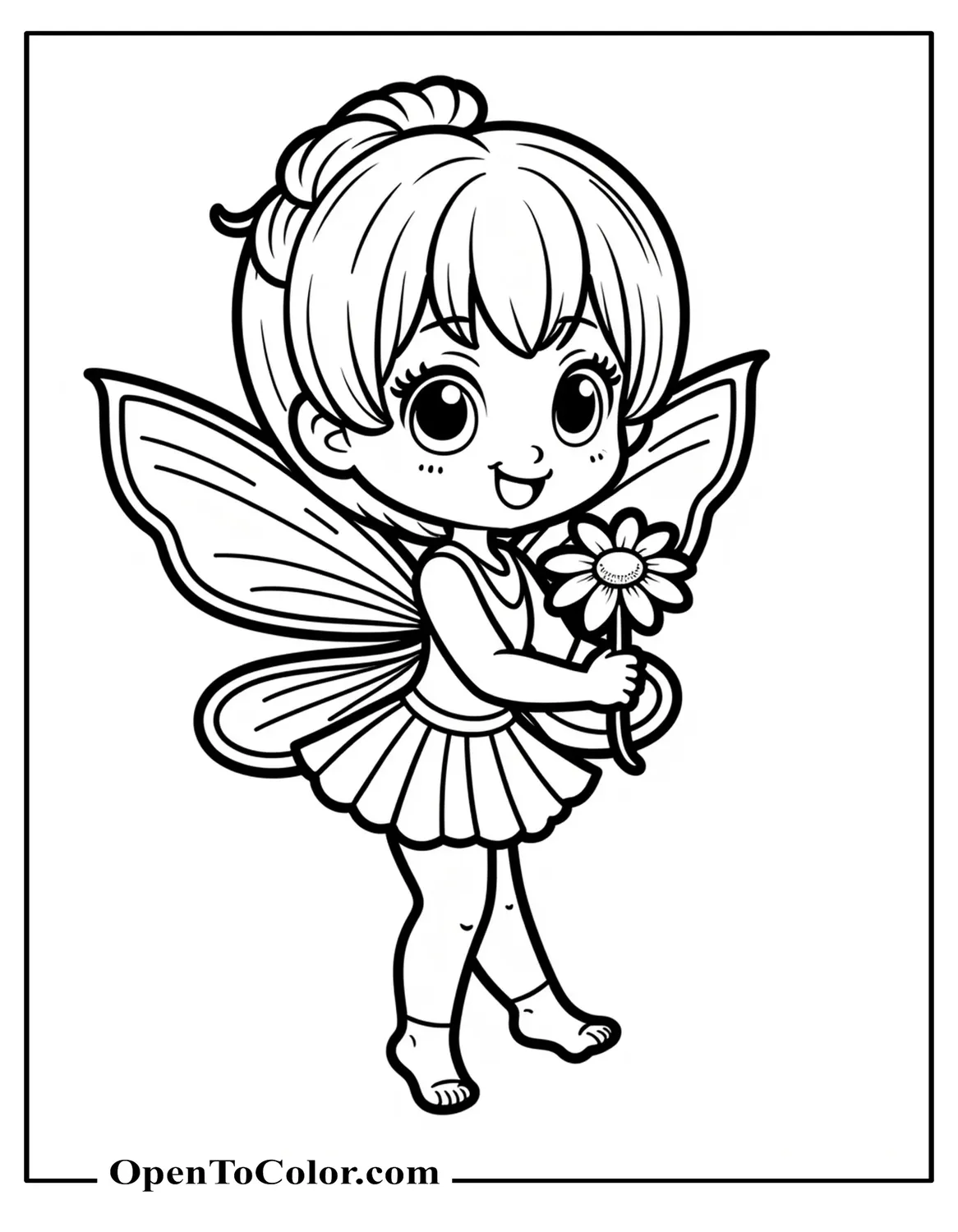 Chibi Fairy Holding a Daisy Flower Coloring Sheet PDF