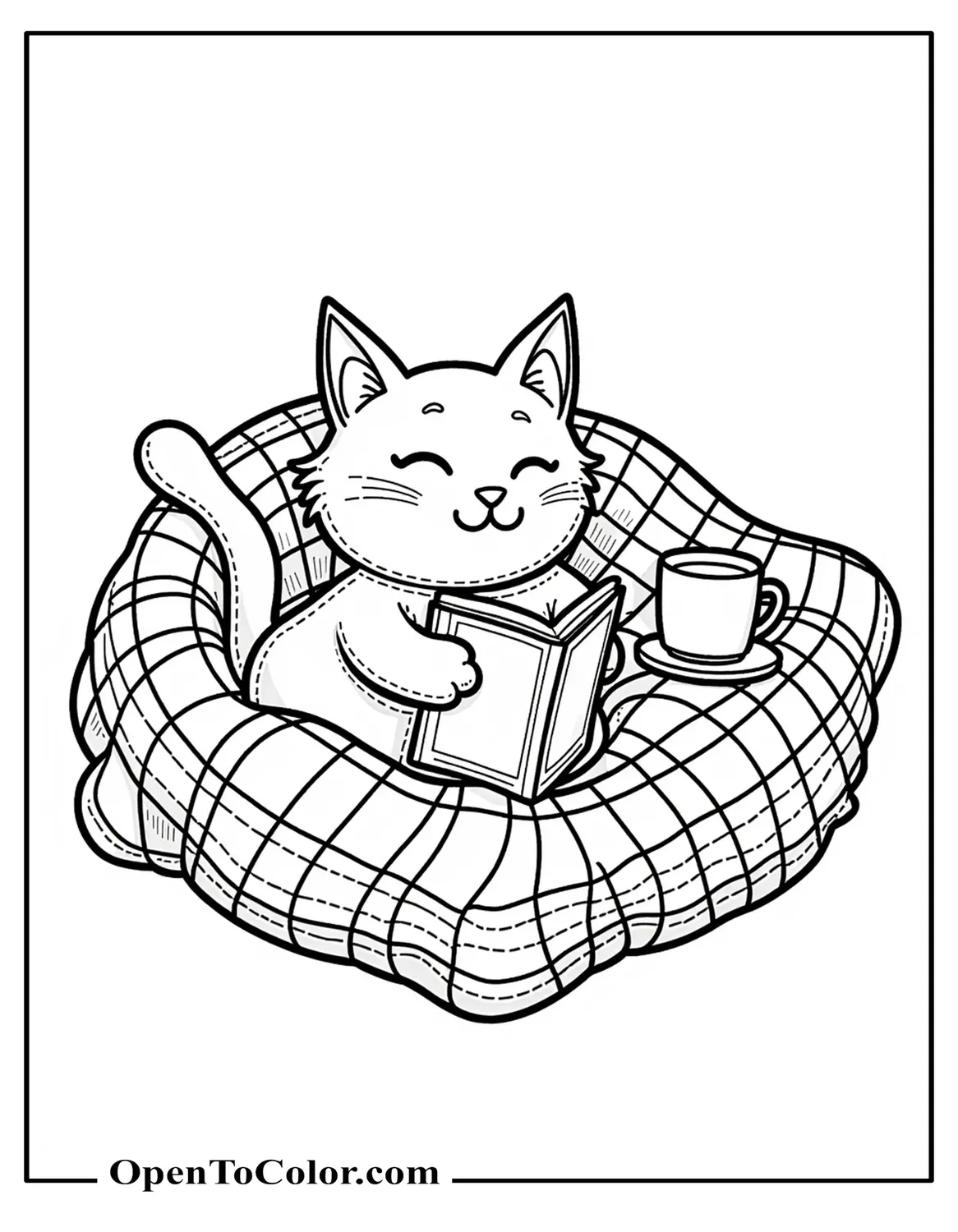 Cute adult-style cat lounging on a plaid blanket with a book and cup of cocoa, coloring sheet PDF.