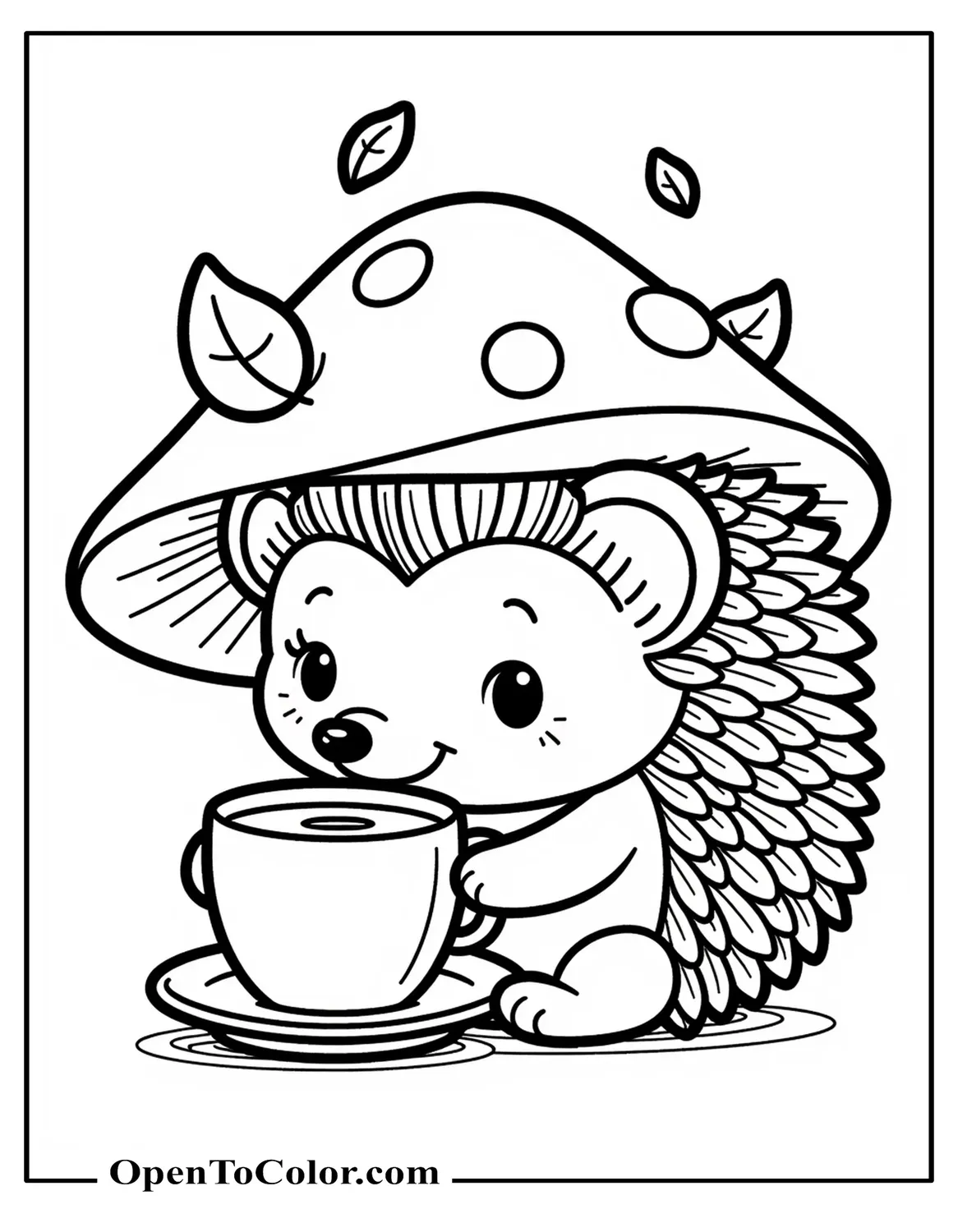 Free Coloring Page of Kawaii Hedgehog Sipping Warm Cocoa Under a Mushroom Cap with Drifting Leaves