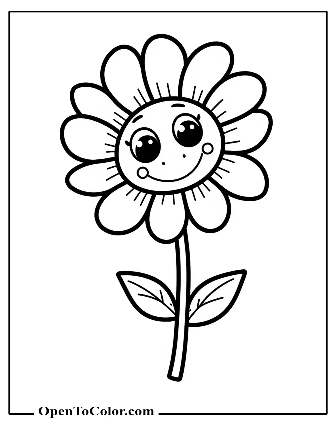 Smiling Cartoon Flower With Big Eyes And Rounded Petals, Printable Coloring Page