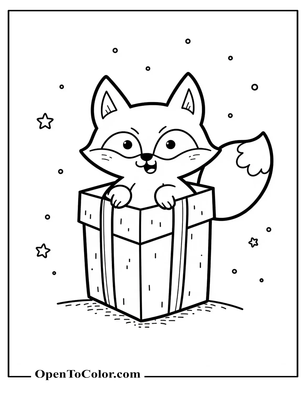 Printable Coloring Page of a Cute Fox Popping Out of a Gift Box
