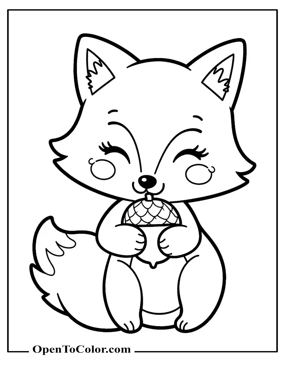 Printable Coloring Sheet of a Cute Fox Winking and Hugging an Acorn