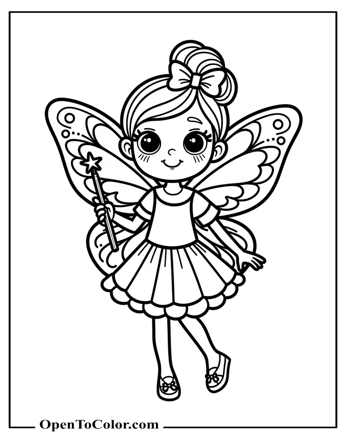 Free Coloring Sheet of a Cute Girl With Butterfly Wings Holding a Sparkling Wand
