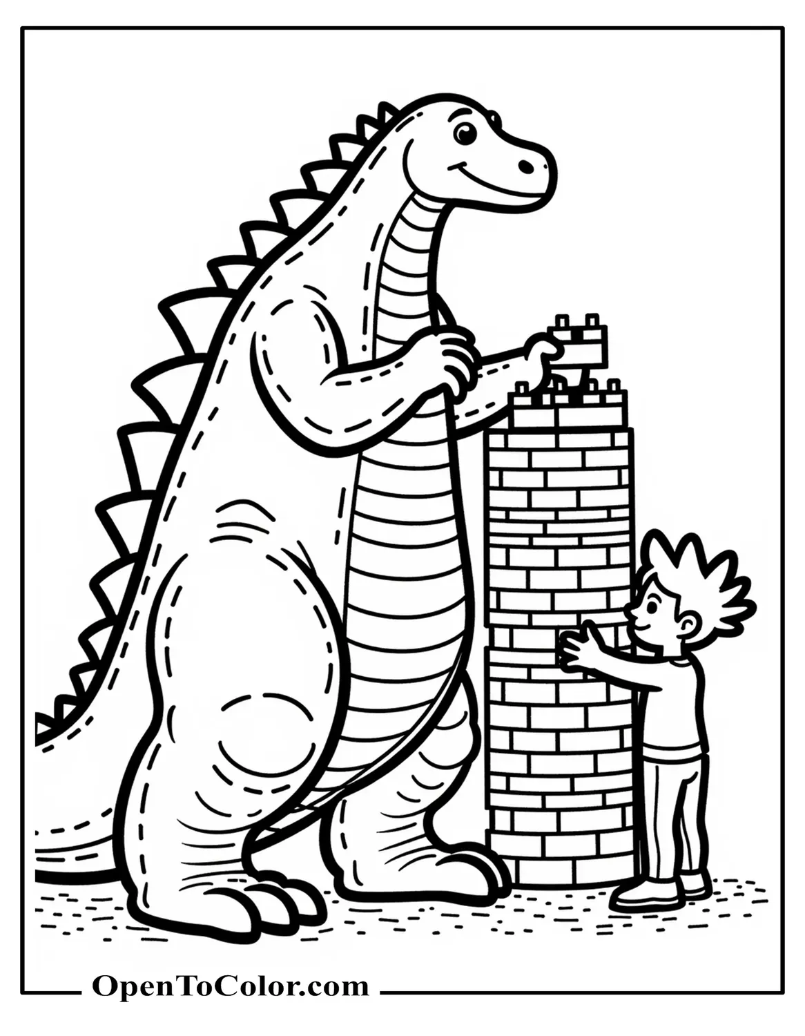 Friendly Godzilla Building A Block Tower With Child-Sized Cranes Coloring Page PDF