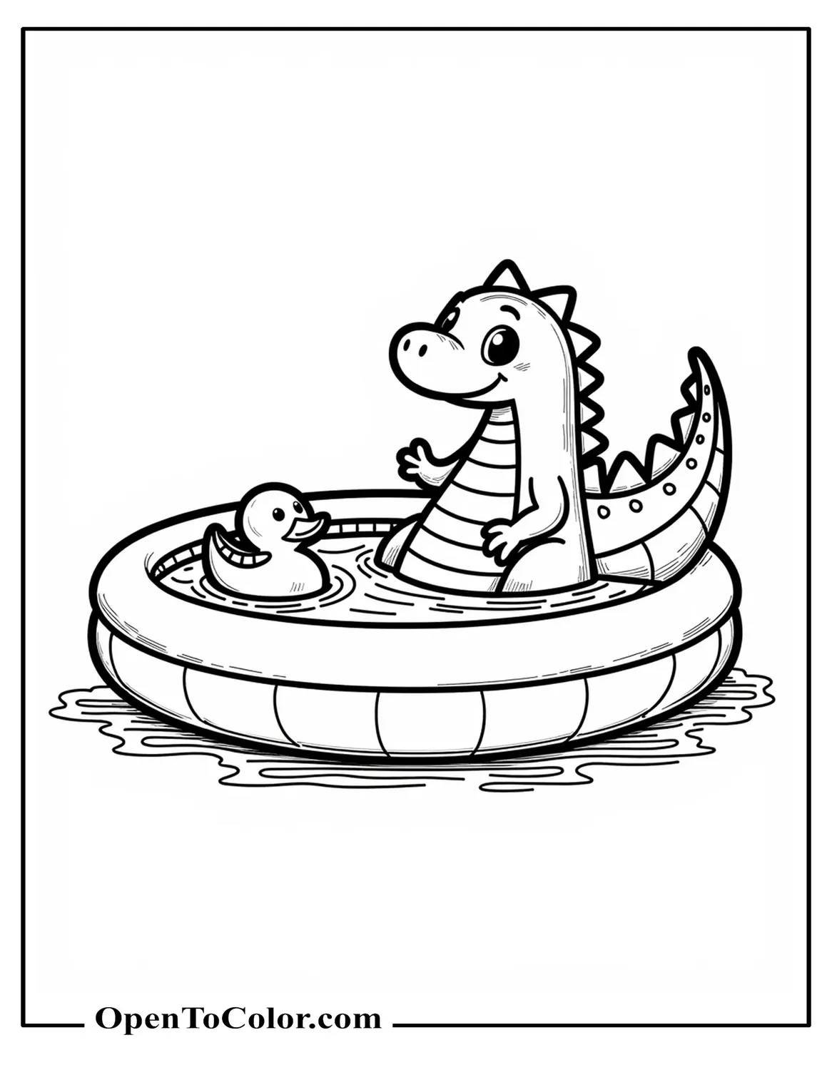 Cute Godzilla Lounging In An Inflatable Pool With A Rubber Duck Coloring Page PDF