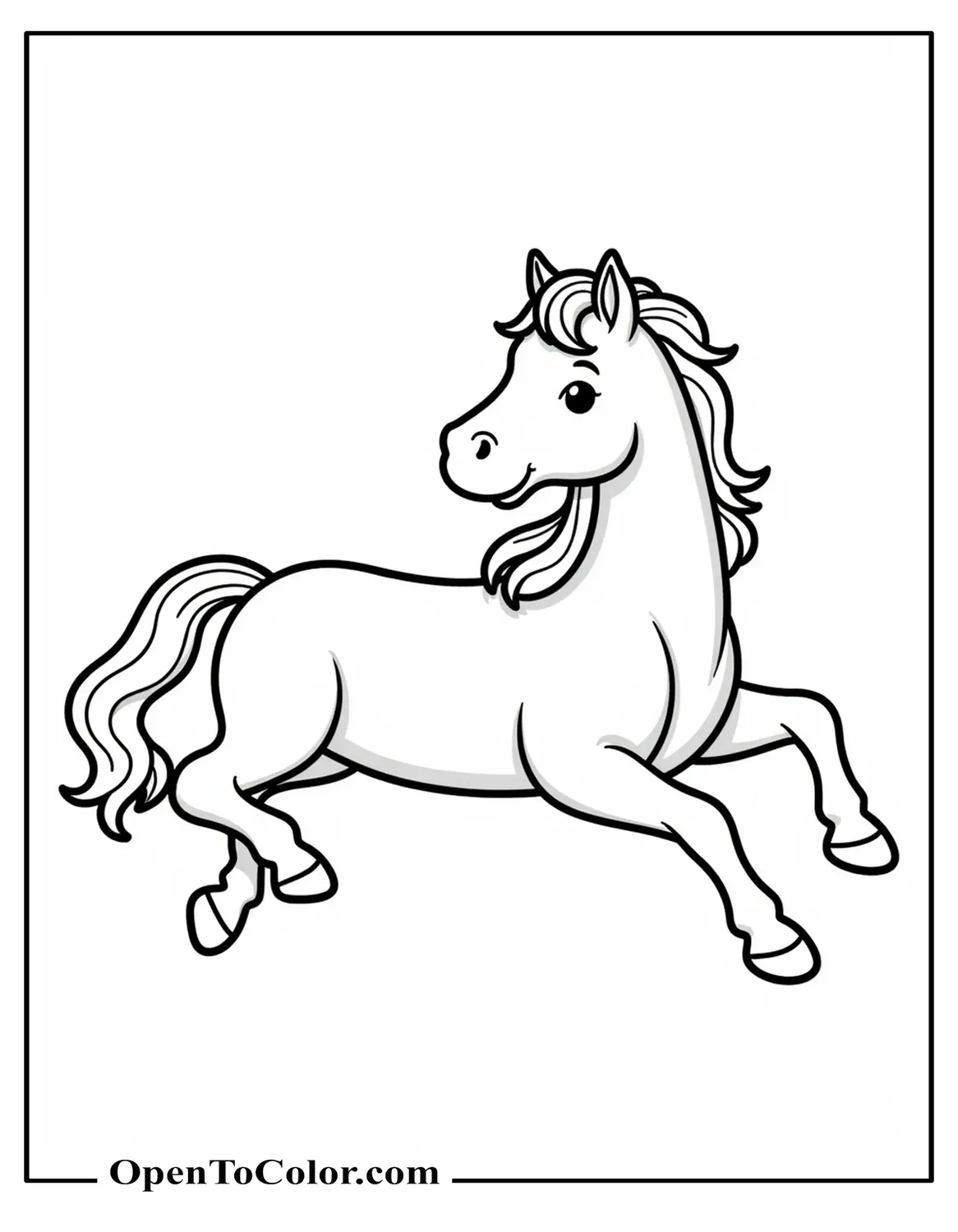 Cute horse coloring sheet PDF lying on its side.