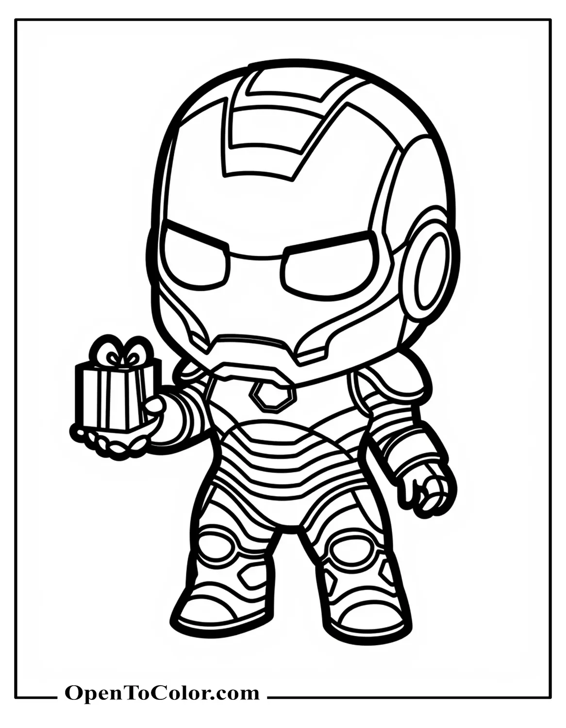 Free Coloring Page of Cute Sanrio-Style Iron Man Holding Tiny Arc Reactor Gift Box