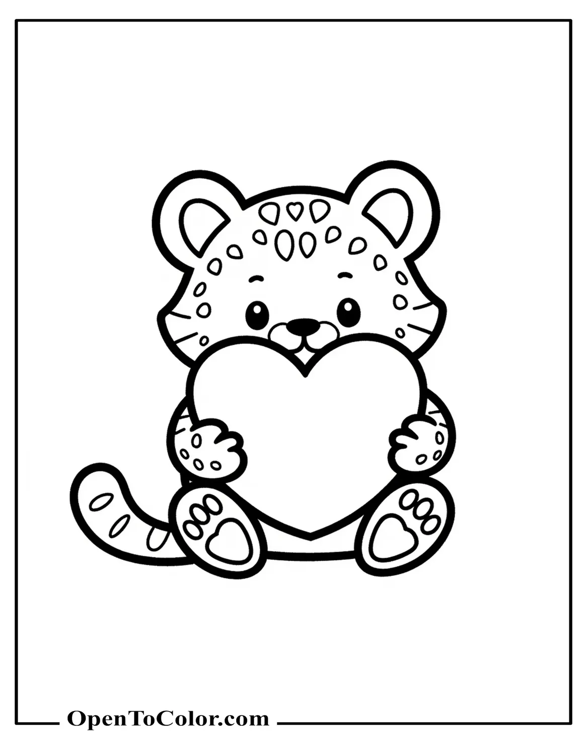 Sanrio-style cute jaguar hugging a heart-shaped pillow coloring page PDF
