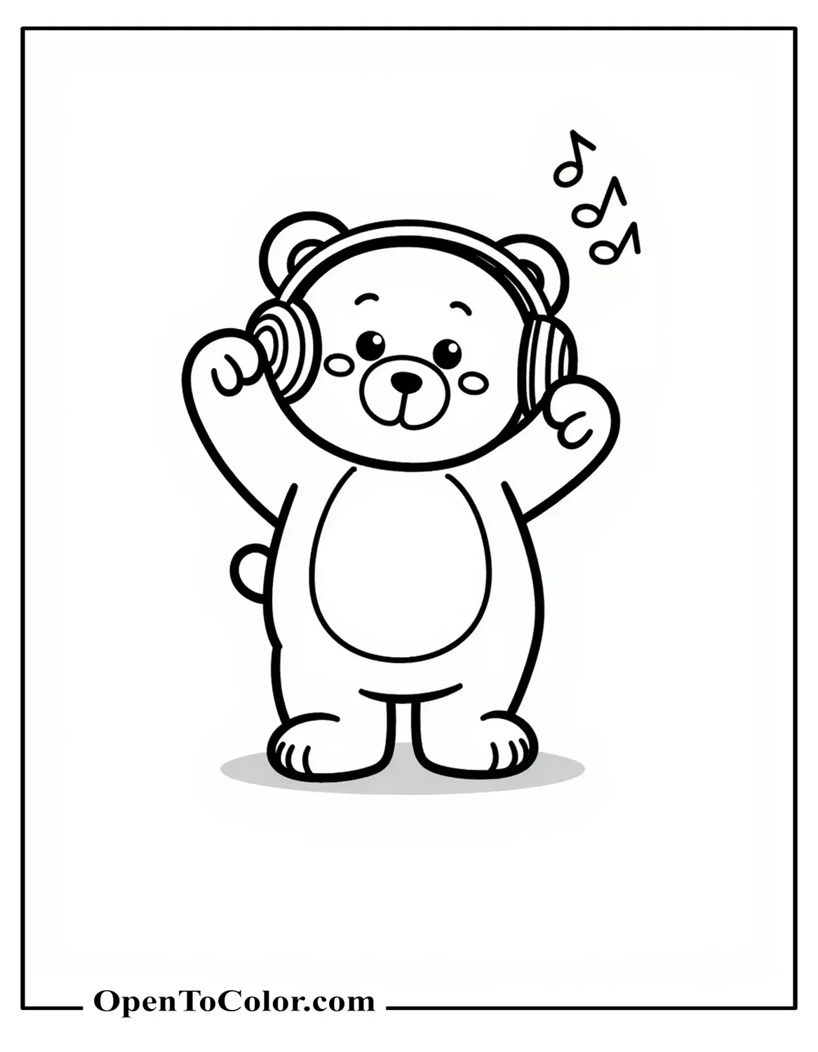 Free Coloring Sheet: Kawaii Bear Wearing Headphones Bobbing to Music Notes