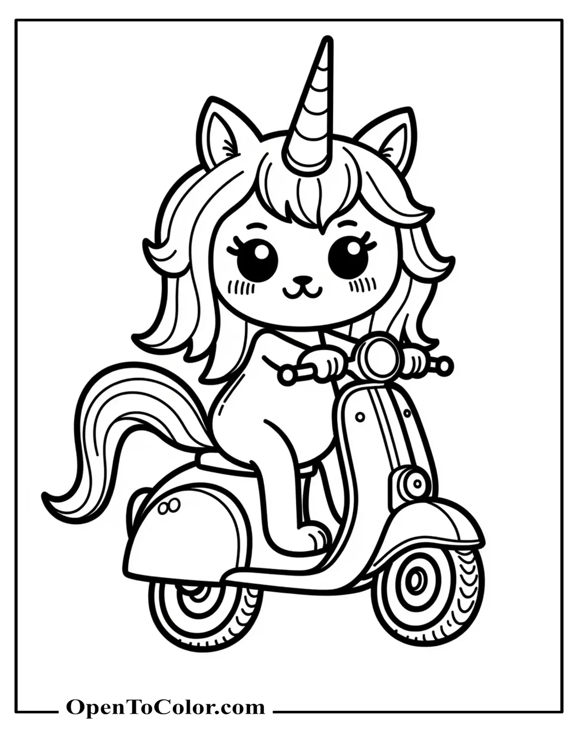 Free Coloring Sheet of Kawaii Unicorn-Cat Hybrid Riding Rainbow Scooter