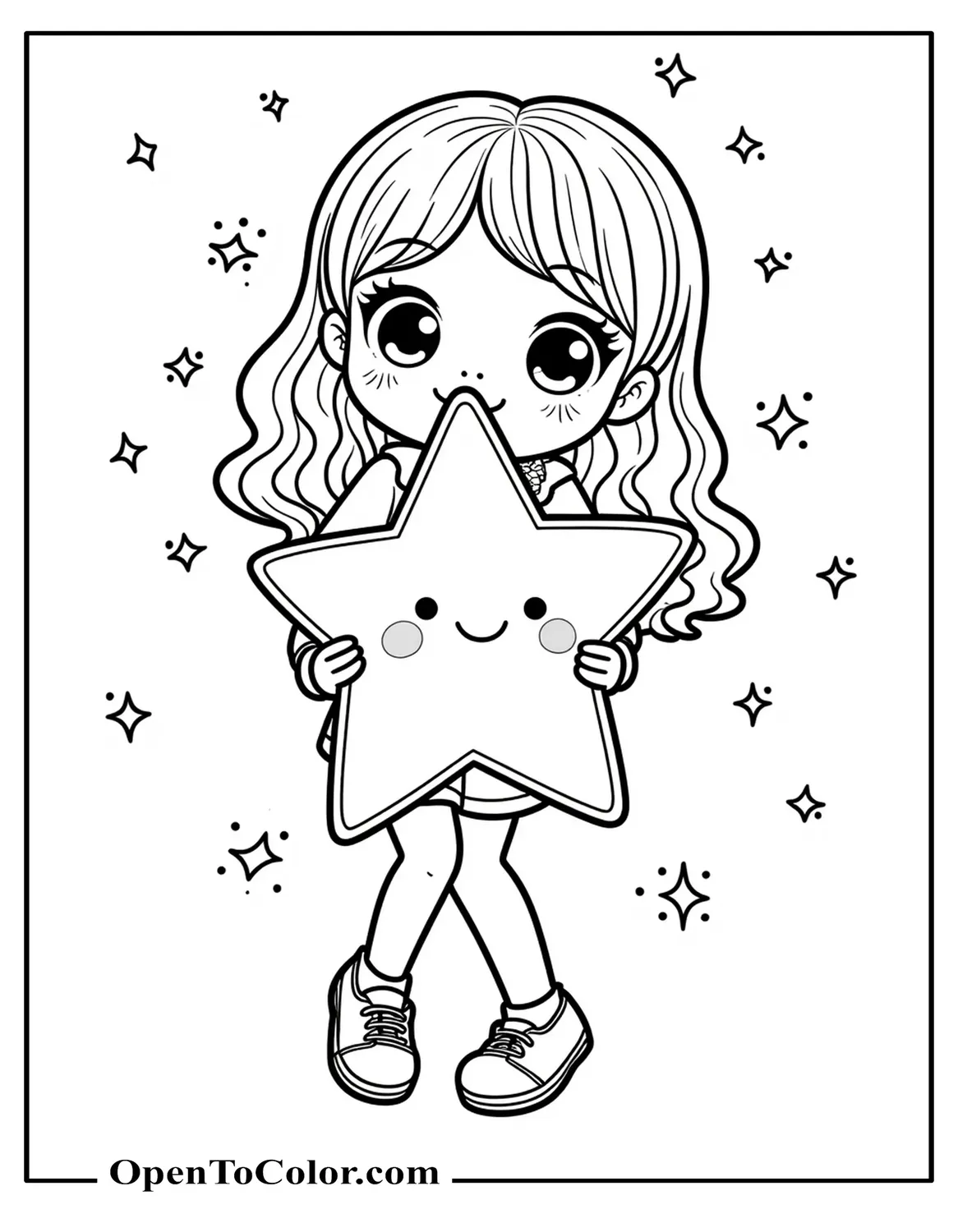 Free Coloring Page of Kawaii Girl Hugging a Smiling Star, Pastel Sparkles Around