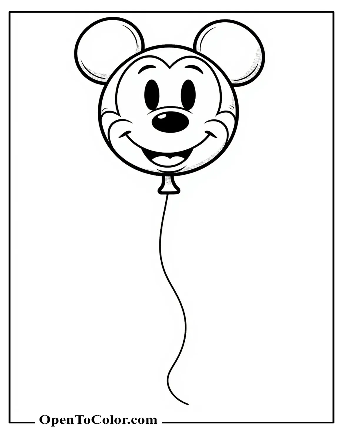 Free coloring sheet of a kawaii Mickey-style balloon with a smiling face drifting upward.