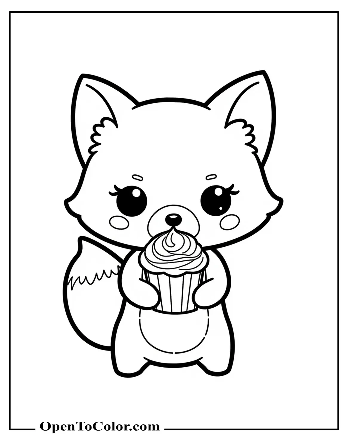 Free Sanrio-style kawaii fox eating a cupcake coloring page.