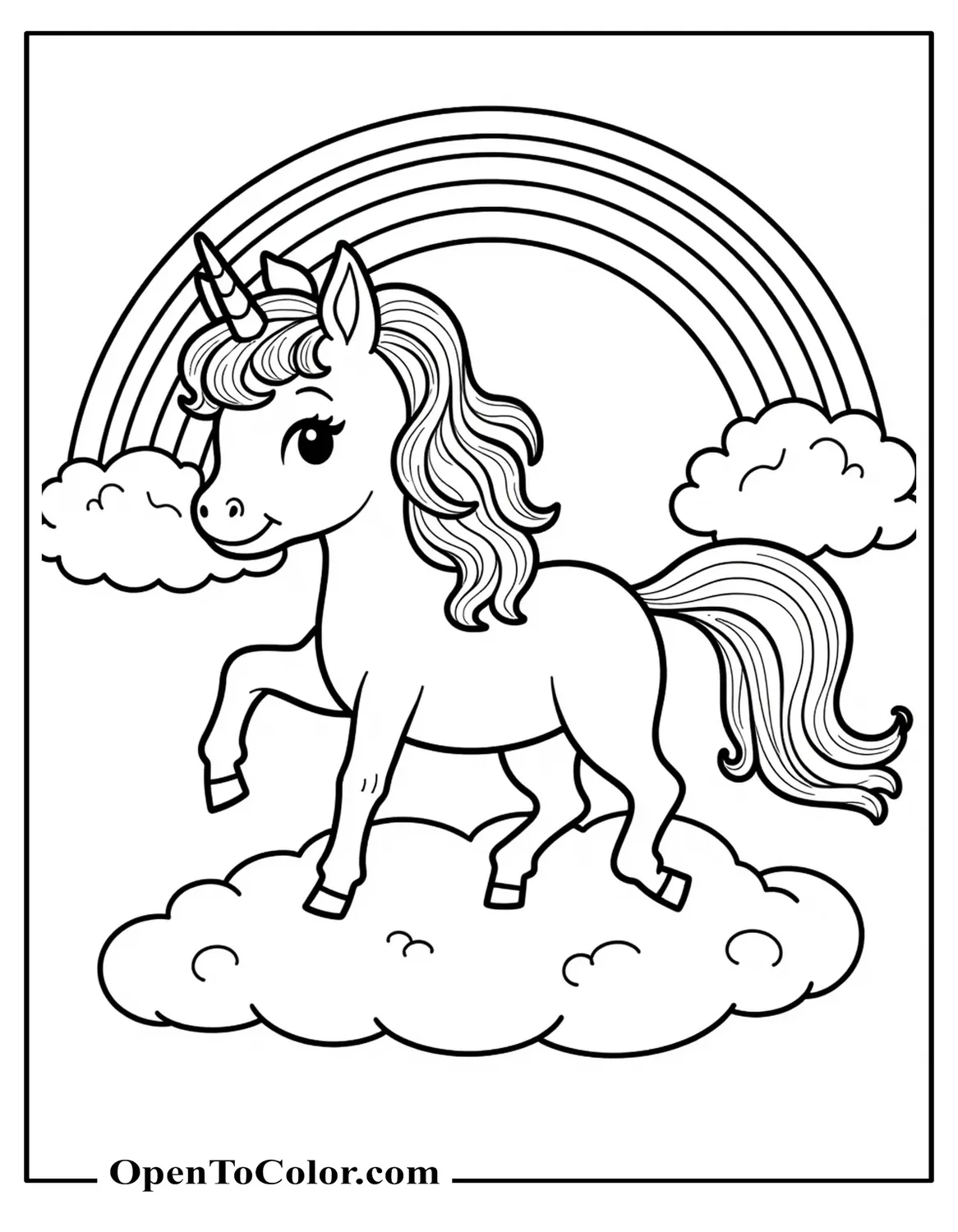 Unicorn with round face and big eyes holding a candy coloring page PDF