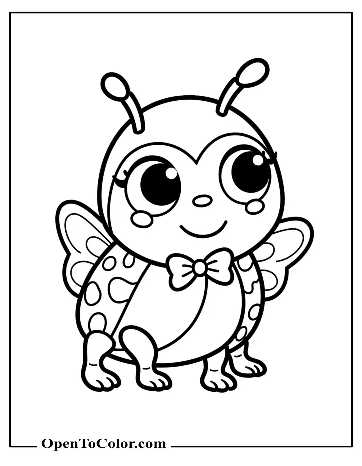 Free Coloring Page of a Cute Ladybug with Big Eyes Wearing a Tiny Bow