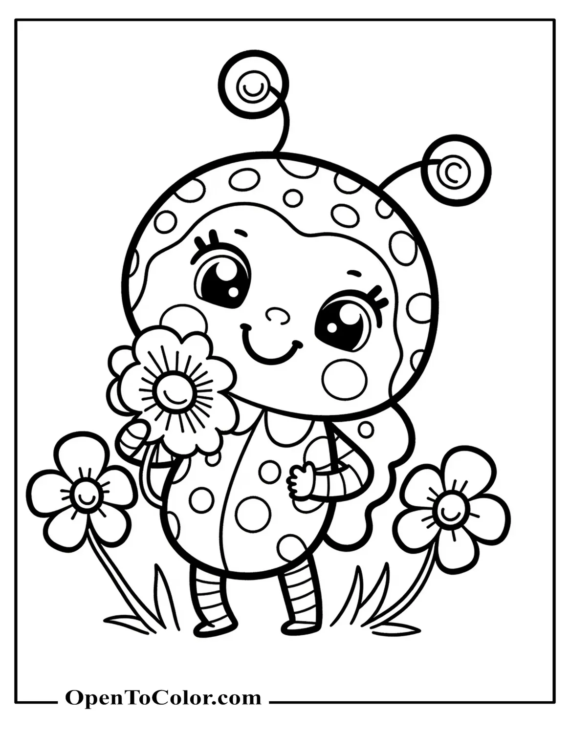 Smiling ladybug holding a daisy, preschool friendly coloring sheet, printable.