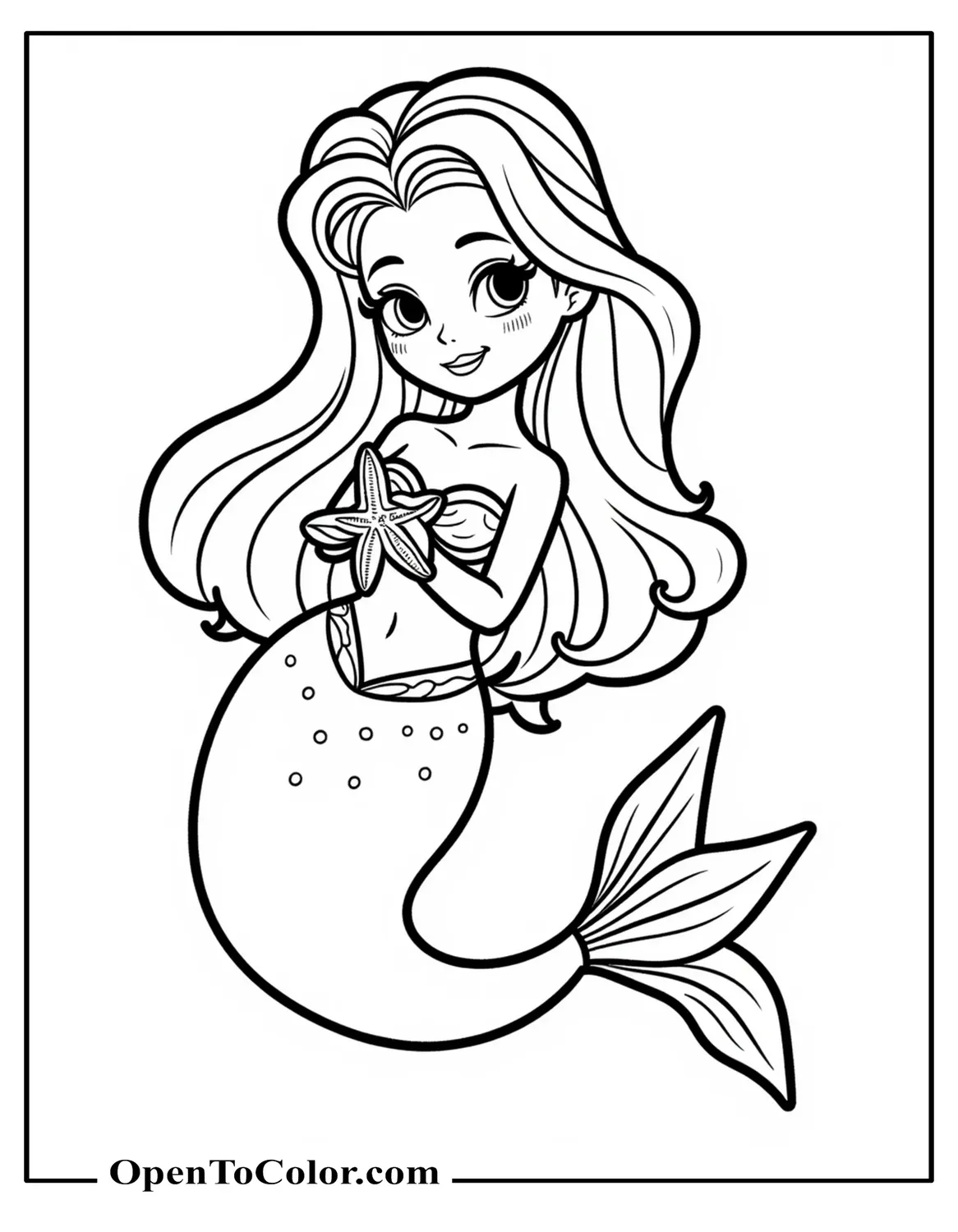 Cute Mermaid Holding A Starfish Close To Her Face, Printable Coloring Page