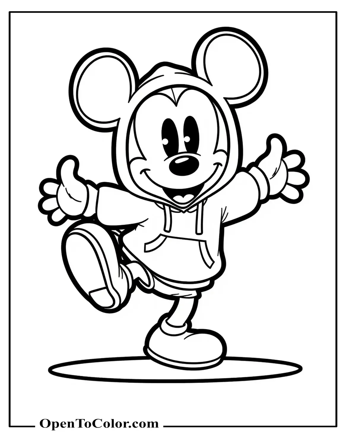Free Coloring Sheet of Cute Chibi Mickey Mouse Balancing on One Foot Wearing Oversized Hoodie
