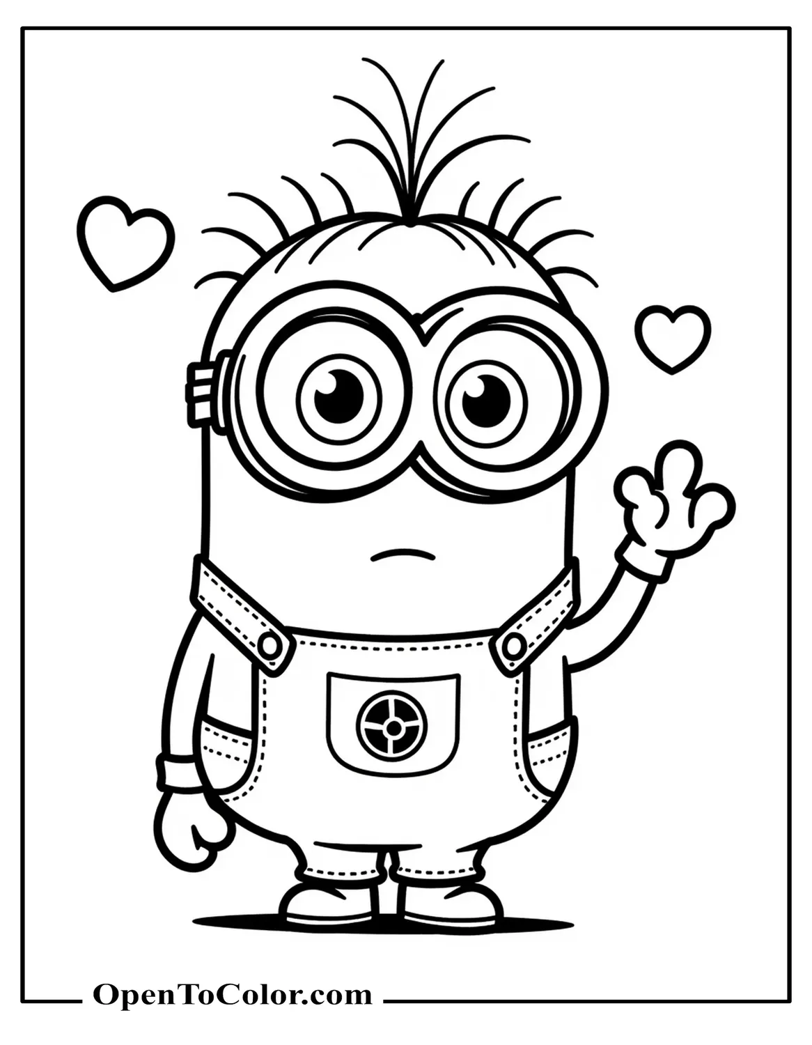 Cute Chibi-Style Minion Coloring Sheet With Oversized Goggles Blowing Heart Bubbles PDF