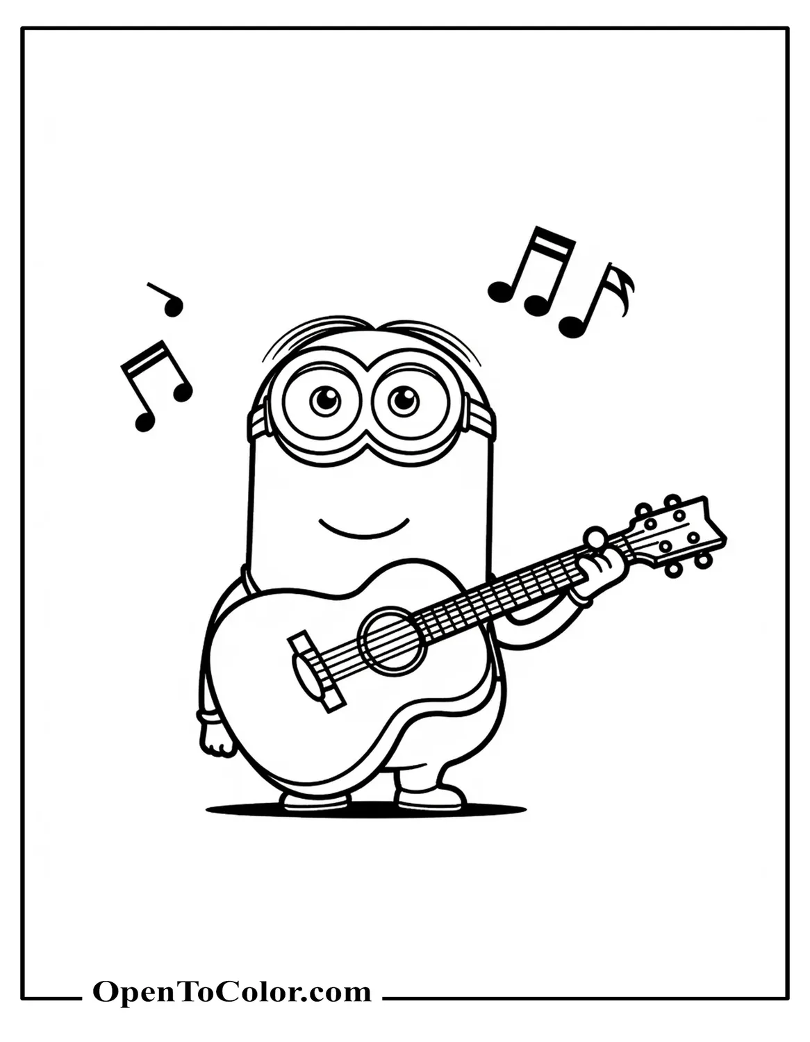 Small Minion Coloring Page Playing Acoustic Guitar, Printable Musical Notes Floating