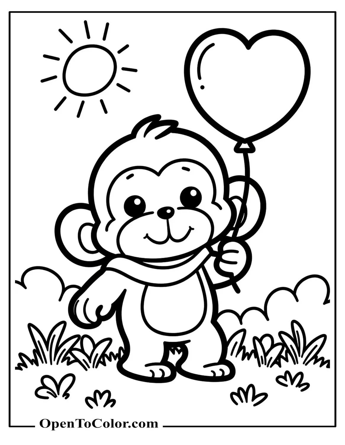 Sanrio style cute monkey holding heart balloon in sunny clearing, printable coloring sheet.