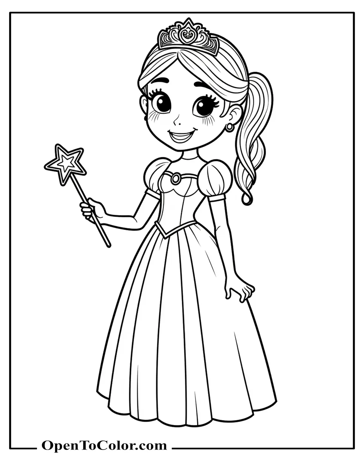 PDF Coloring Page of a Princess with Big Sparkling Eyes, Side Ponytail, and Holding a Star-Shaped Wand
