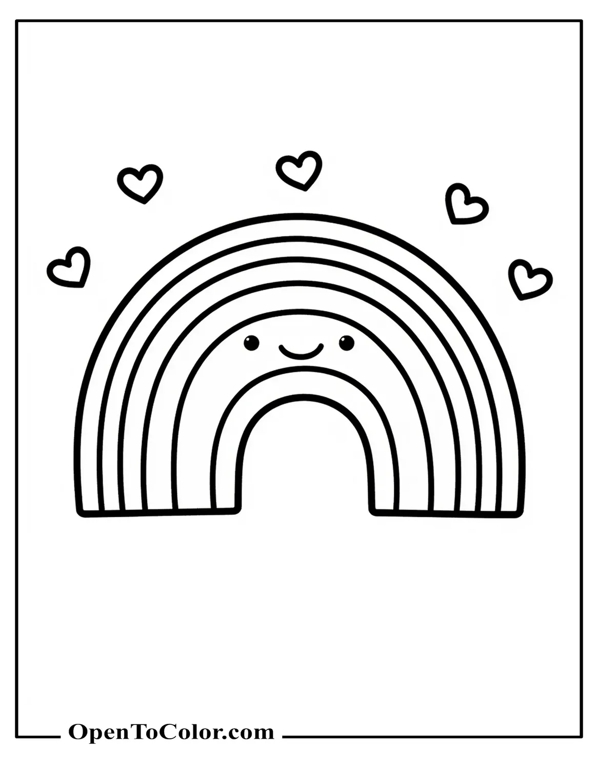Free coloring page of kawaii rainbow with smiling face and tiny hearts floating around