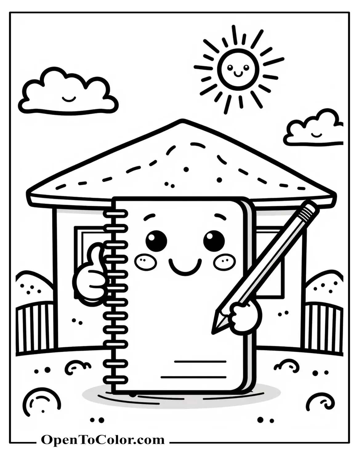 Free Coloring Sheet of Chibi Notebook Giving Thumbs‑Up Next to Pencil, Smiling Sun Above School Roof, Rounded Cartoon Lines