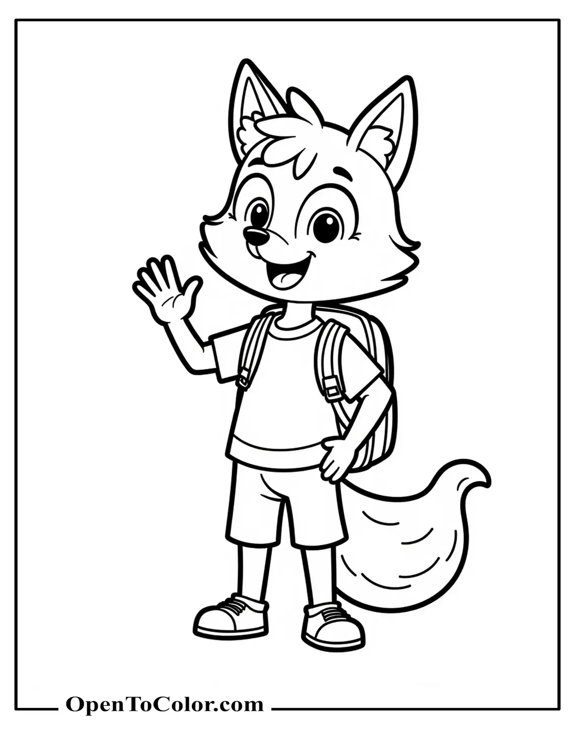 Schoolboy Fox With A Backpack Waving Hello Coloring Page PDF