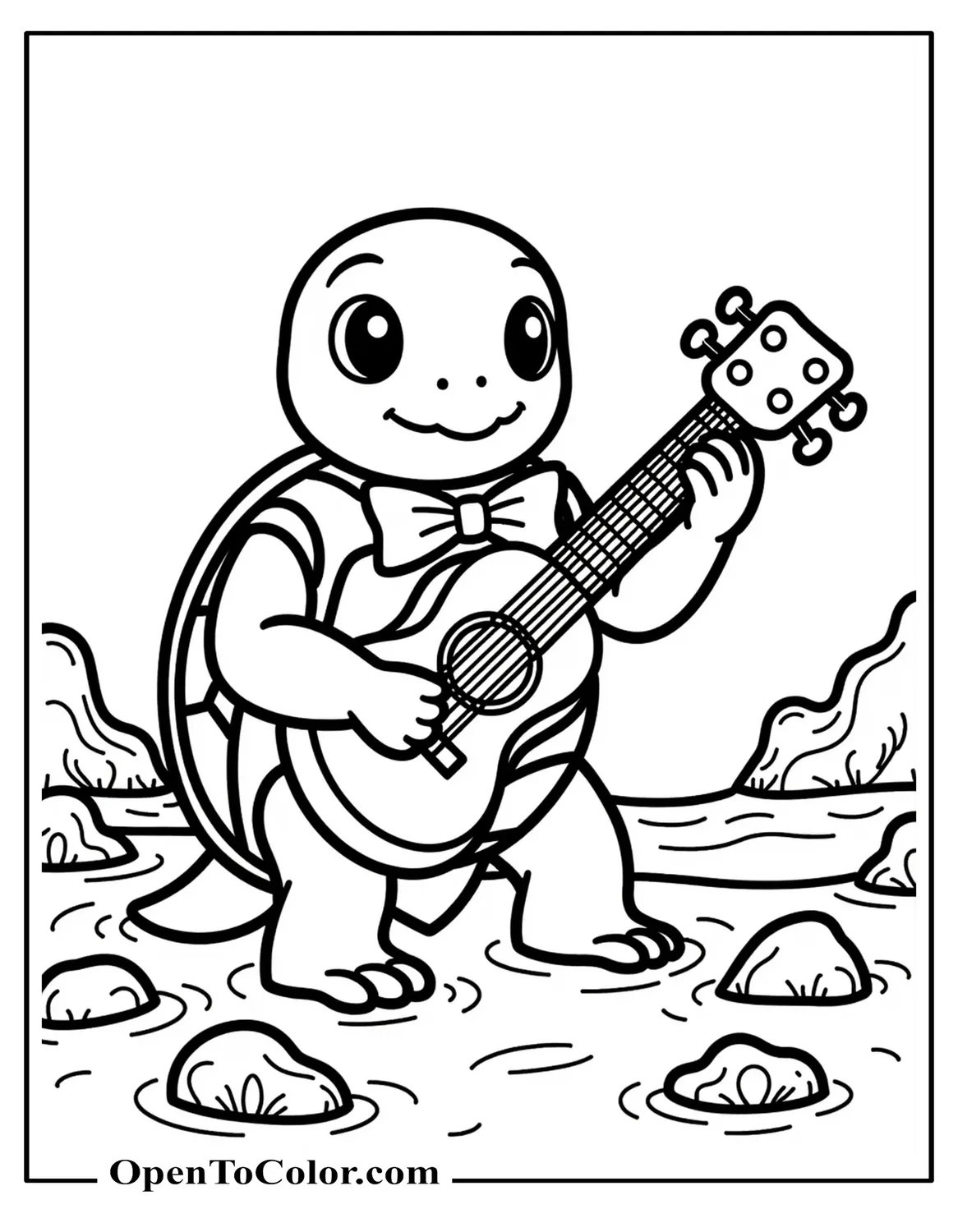 Sea Turtle Wearing A Bowtie Playing A Tiny Ukulele Near Shoreline Rocks Coloring Page PDF