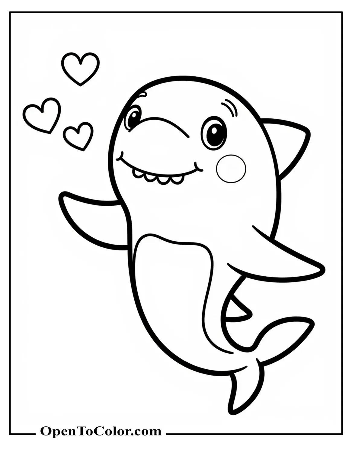 Printable Coloring Page of Cute Round Shark Blowing Heart Bubbles