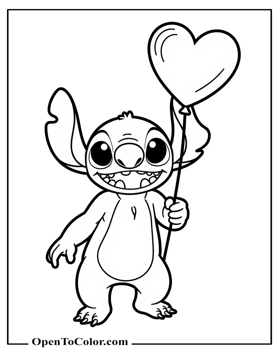 Free Coloring Sheet of Stitch Holding a Heart Balloon and Smiling
