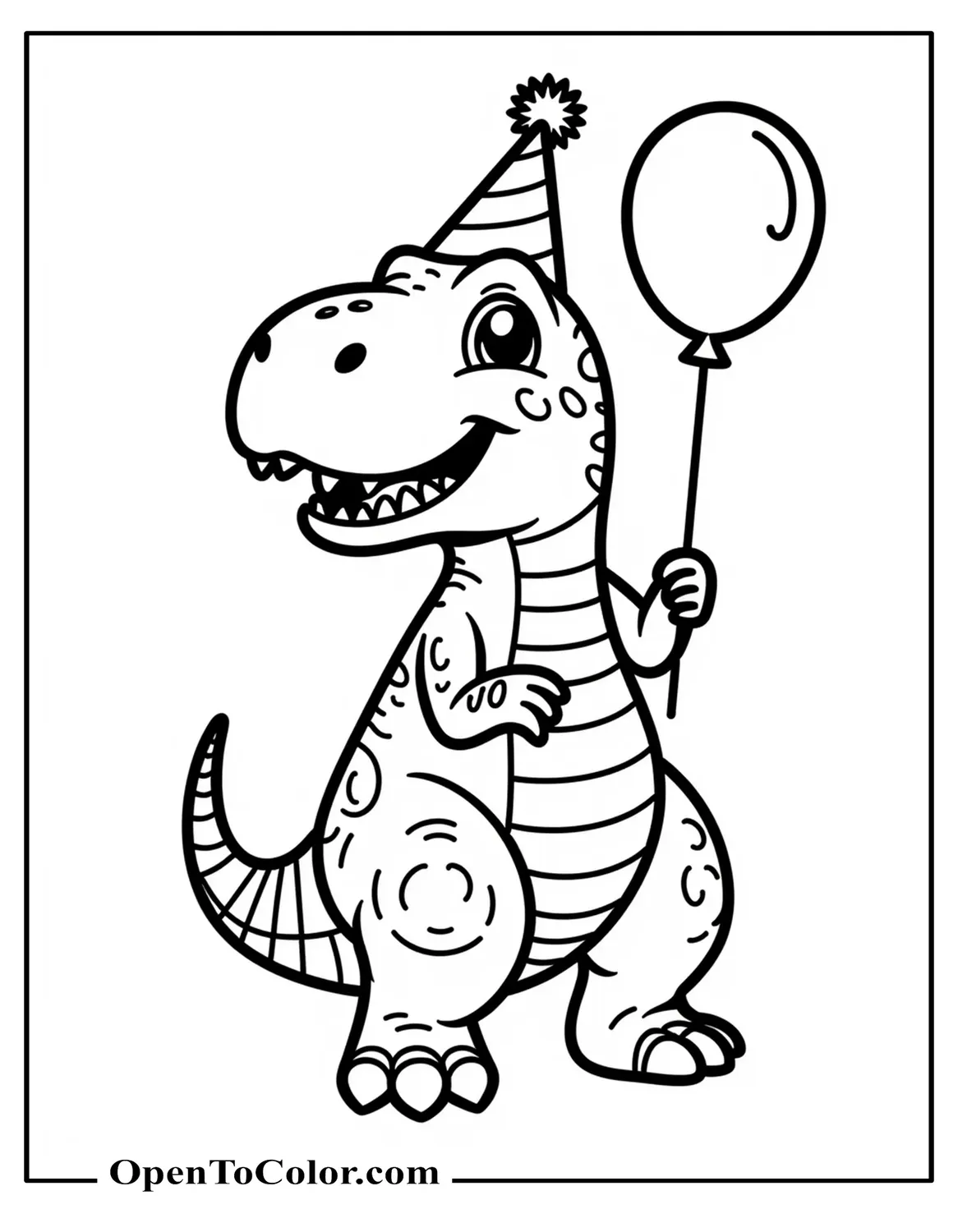 Free Coloring Sheet of Cute T-Rex Wearing Party Hat Holding Balloon