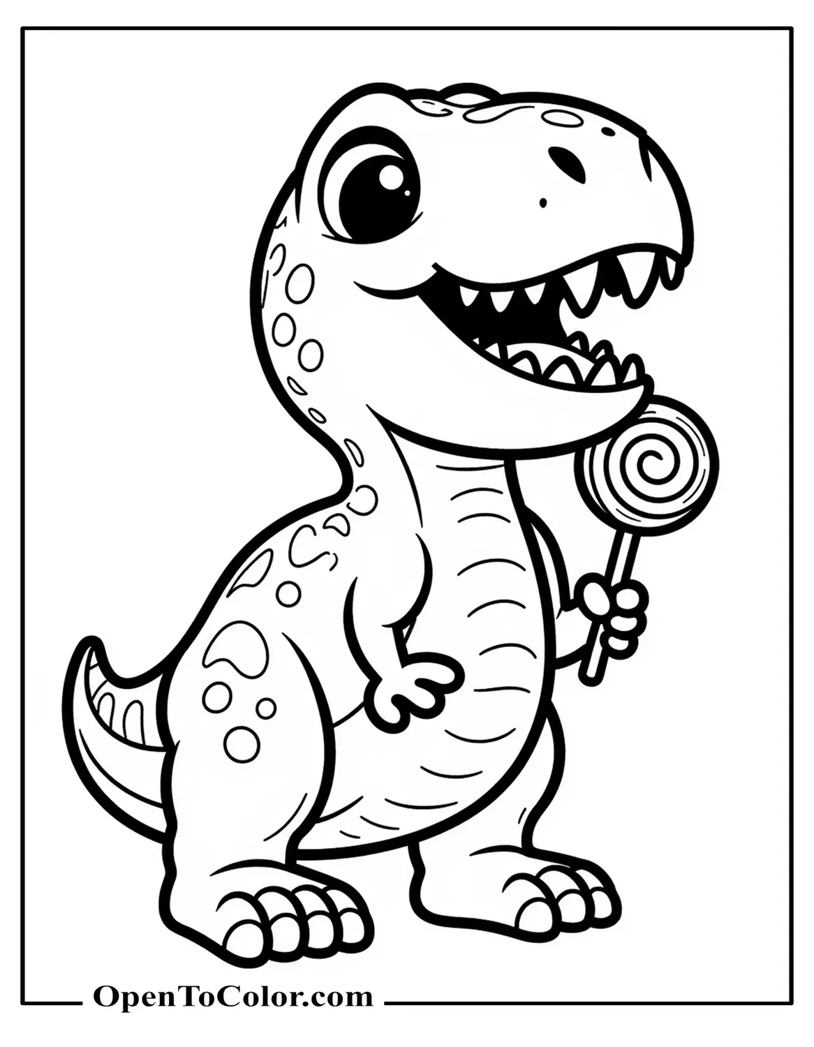Kawaii Style T-Rex Holding Lollipop Coloring Page PDF