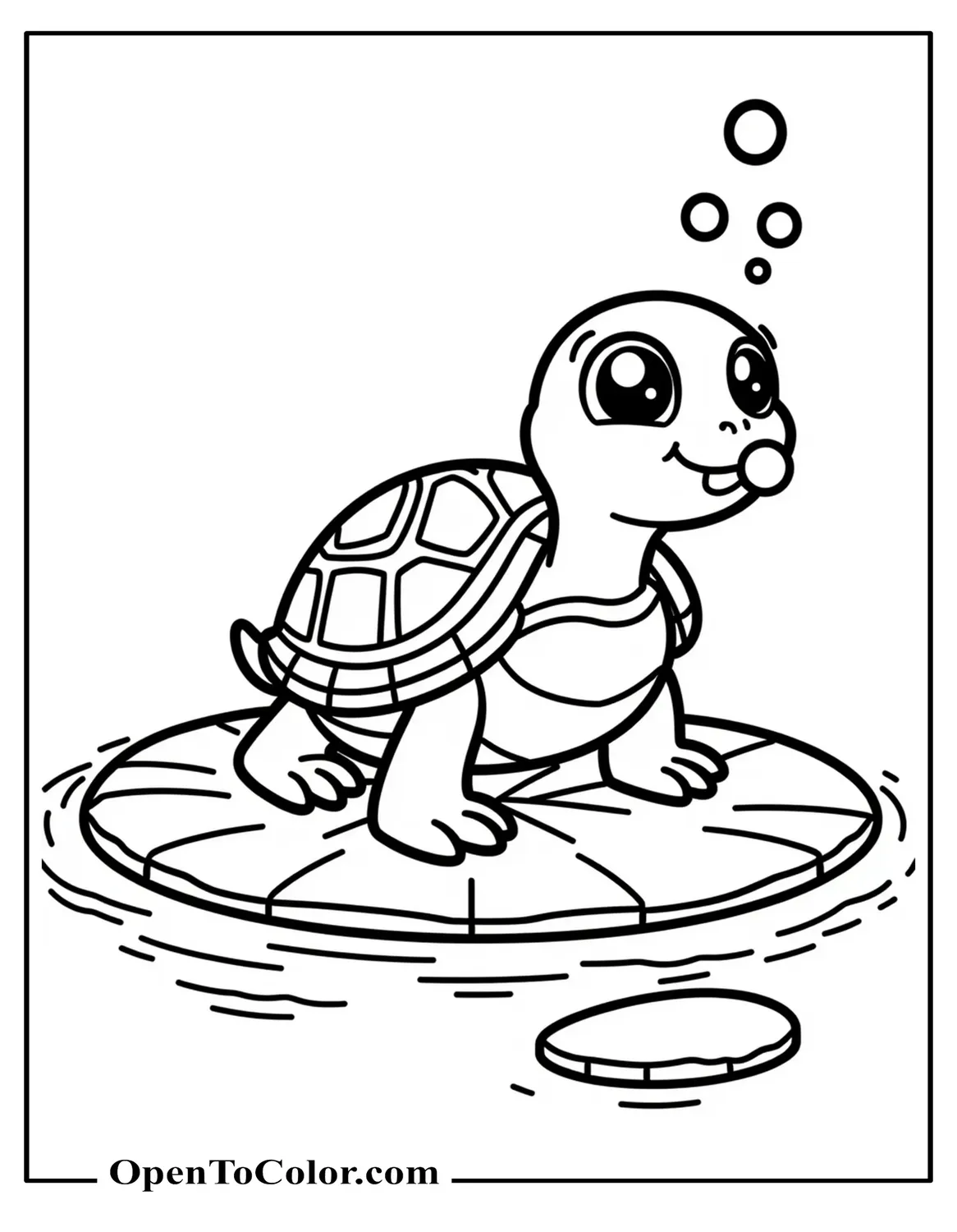 Cute Turtle Blowing Bubbles While Balanced On A Wide Lily Pad In A Pond Coloring Sheet PDF