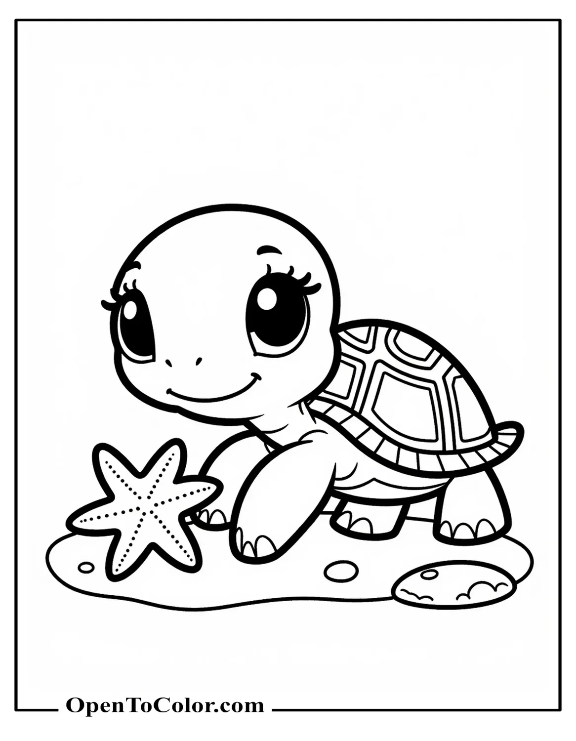 Cute turtle with oversized cartoon eyes holding a starfish close, coloring page PDF.