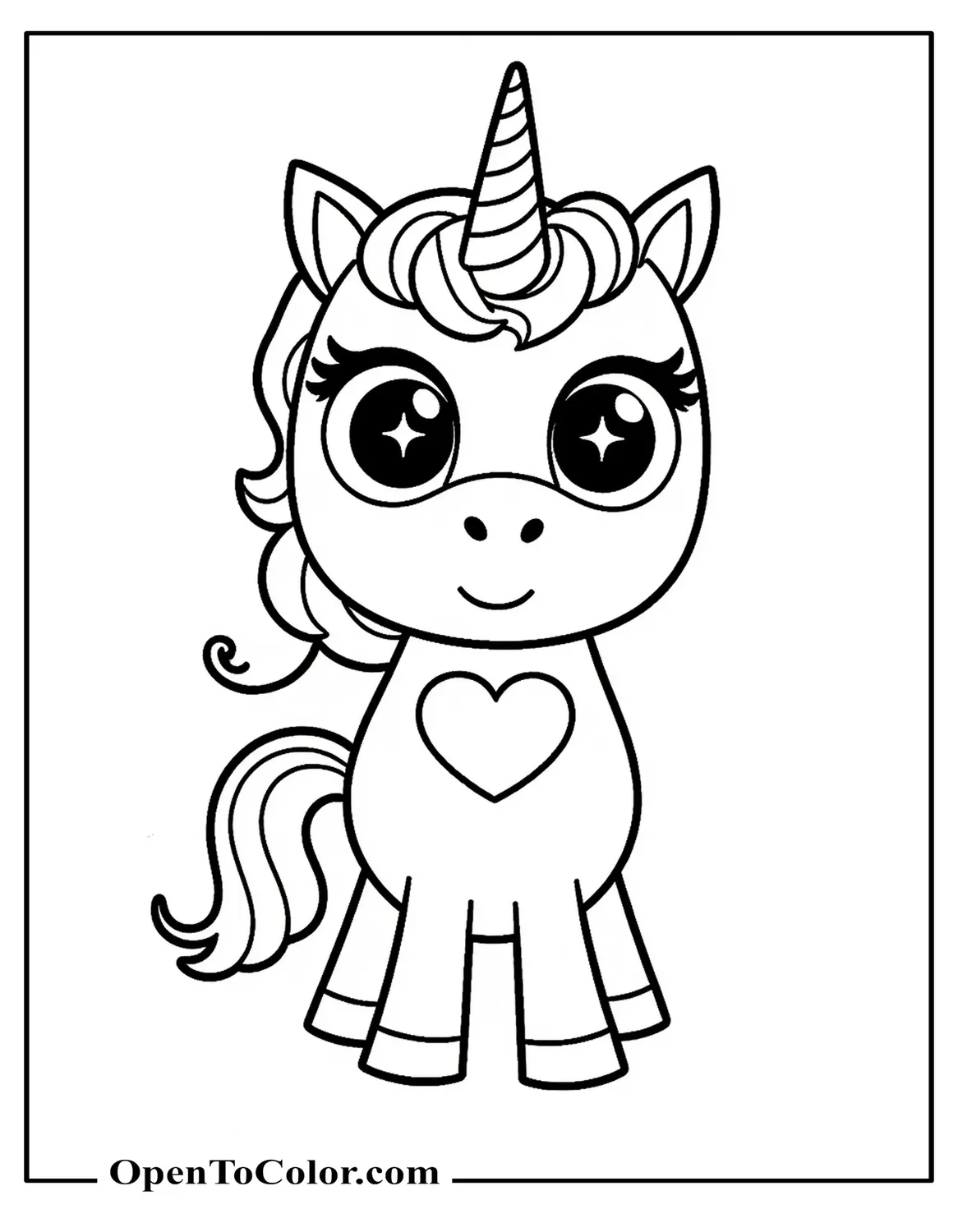 Unicorn Coloring Sheet With Big Sparkling Eyes And A Heart-Shaped Mark PDF