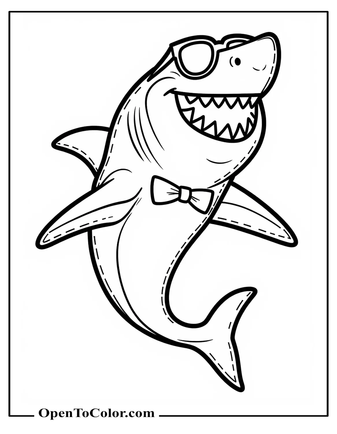 Large Shark With Bow Tie And Sunglasses Coloring Page PDF