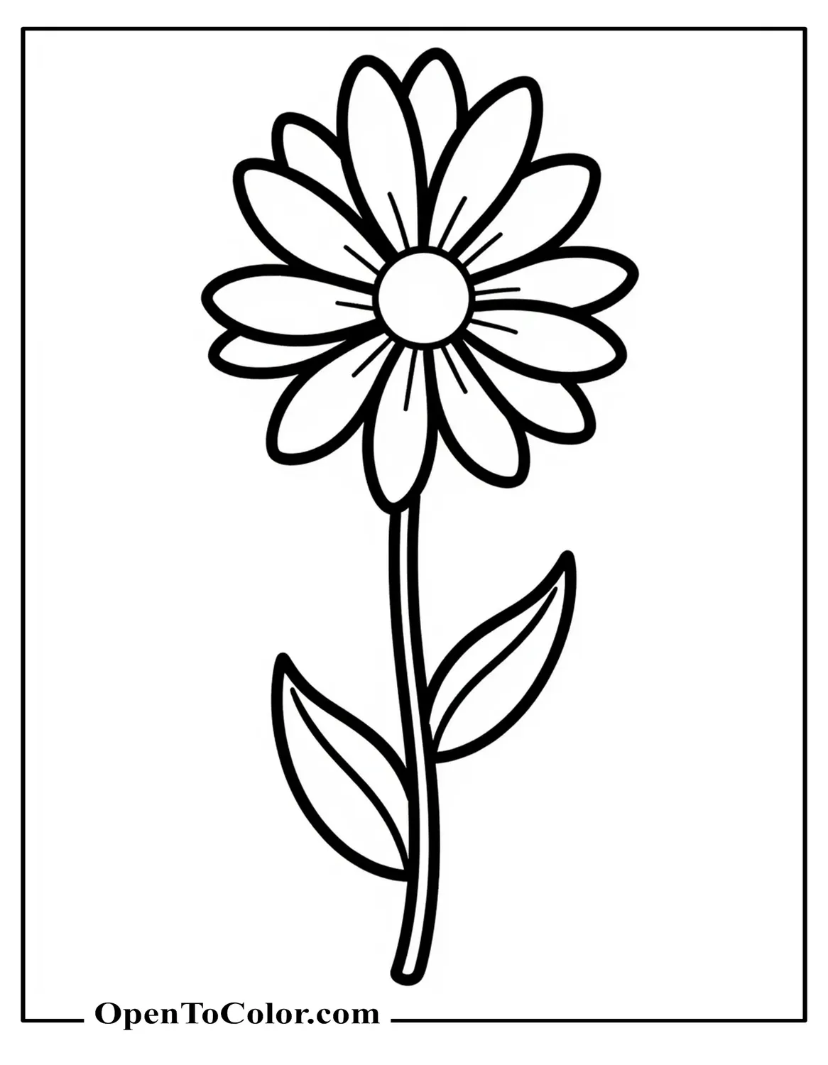 Printable coloring sheet of a daisy flower with circular center and ten narrow petals.
